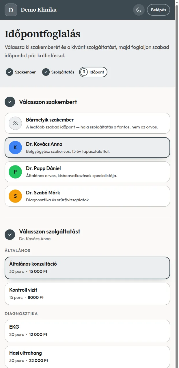 A bemutató rendelő foglalóoldala telefonon: szakember, szolgáltatás és szabad időpontok.