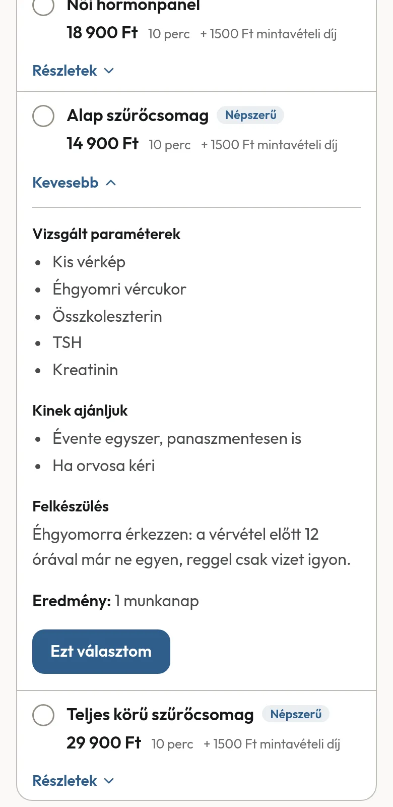 Egy mintalabor vizsgálatának részletei telefonon: vizsgált paraméterek, kinek ajánljuk, felkészülés, eredményidő.
